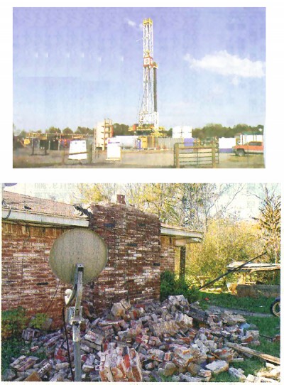 （写真=上）米オクラホマ州に隣接するアー力ンソー州のシェールガス採掘現場 （写真=下）11年11月に米オクラホマ州で発生したマグニチュード5・7の地震で壊れた民家 