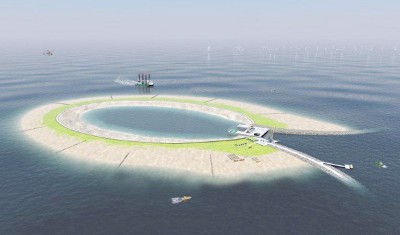 ベルギーで計画されている風力発電の電力を水力で両生する人工島の完成予想図（エレクトラベル社提供・時事）